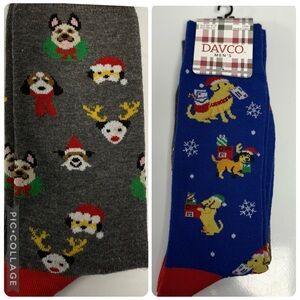 NWT DavCo Christmas Dog Print Socks 2 PAIR  Men’s 10-13 Blue Gray Holiday Dogs